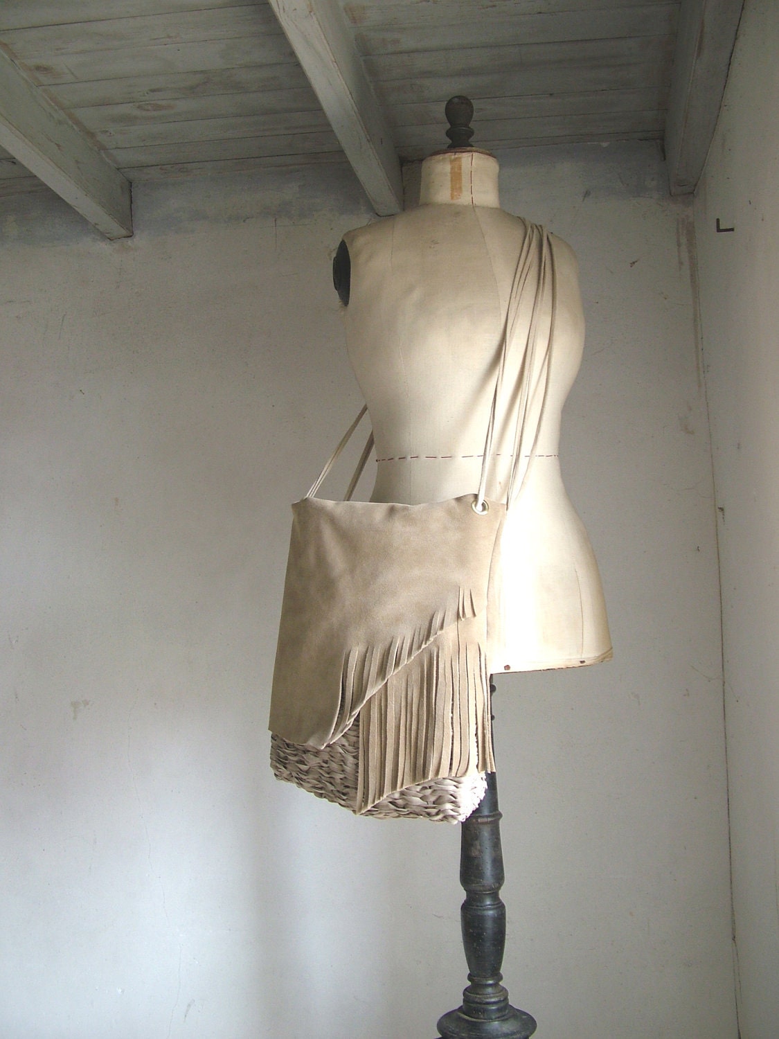 Private Listing for Joan -  Hobo Tote with Fringed DARK BLUE leather and GREY Handweave