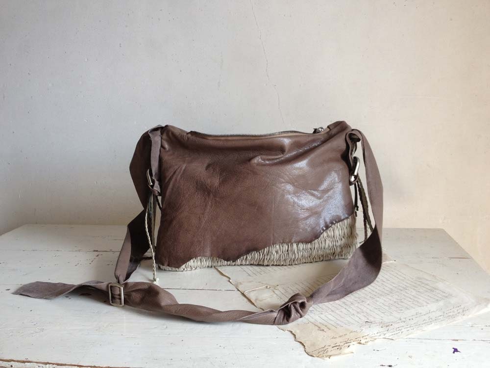 Boho Chic Handbag in Natural Grey Brown Leather and Handweave - OOAK Made to Order.