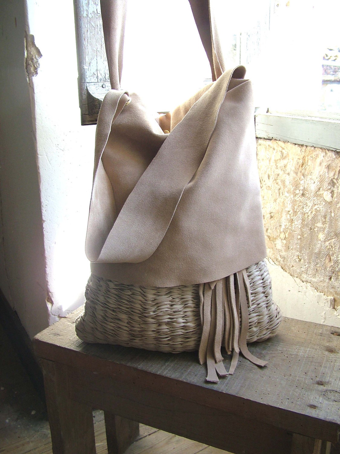 Hobo Slouch Tote in Beige Suede, Handweave with Tassel finish - Handwoven to Order