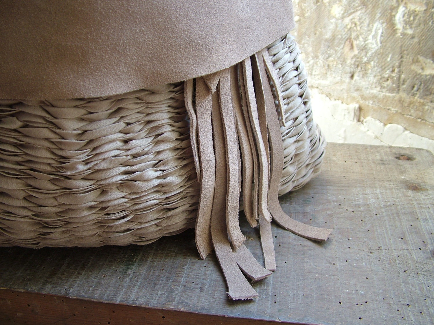 Hobo Slouch Tote in Beige Suede, Handweave with Tassel finish - Handwoven to Order