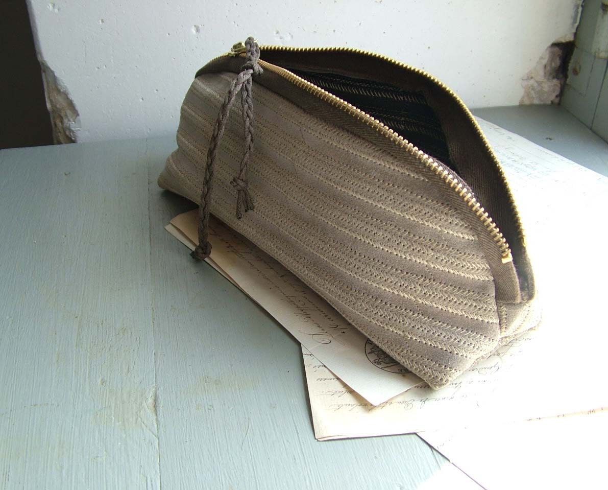 Grey Suede Zipper Pouch with Stitching Detail