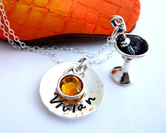 Personalized Necklace, Hand Stamped Jewelry, Metal Work, Charm Necklace, Custom Birthstone Necklace - Martini Cocktail, Party ANIMAL