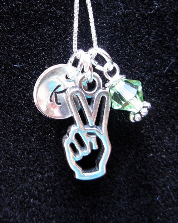 Personalized Monogram, Personalized Necklace, Hand Stamped Jewelry, Initial Necklace, .925 Sterling Silver - Peace Sign & Custom Pearl