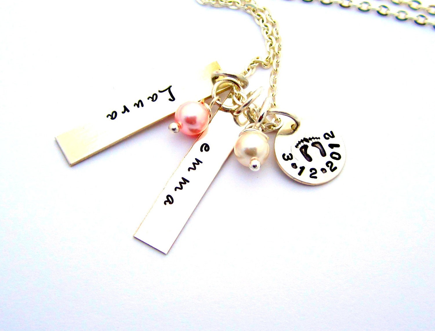 Personalized Necklace, Hand Stamped Jewelry, Metal Work, Charm Necklace, Baby Feet Jewelry - Twin Laura and Emma