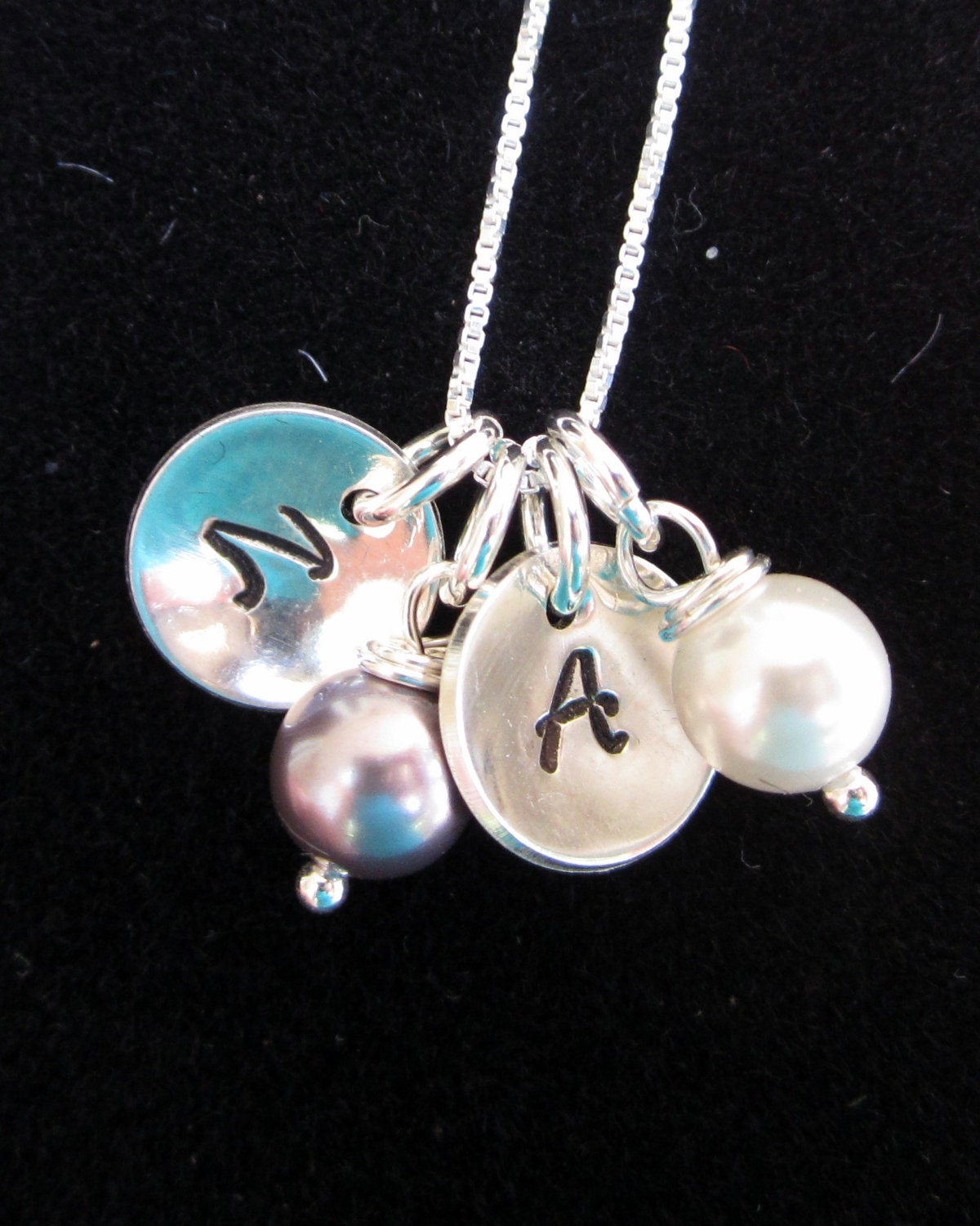 Personalized Initial Necklace - Monogram Necklace - Hand Stamped - Sterling Silver - Mommy Jewelry - simple & elegant two initials w/ Pearls