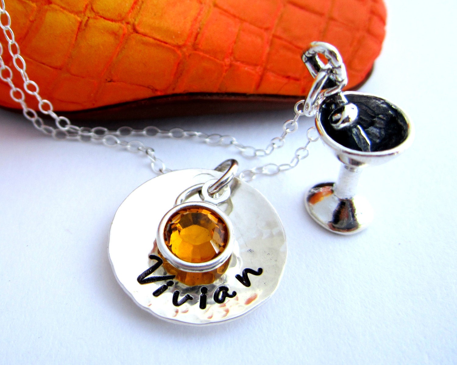 Personalized Necklace, Hand Stamped Jewelry, Metal Work, Charm Necklace, Custom Birthstone Necklace - Martini Cocktail, Party ANIMAL