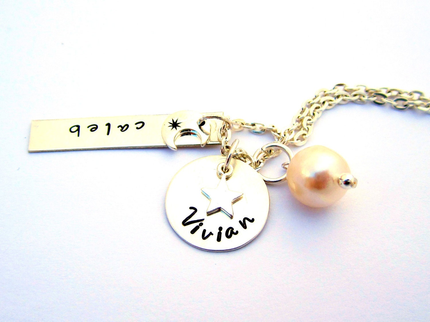 Hand Stamped Necklace - Personalized Sterling Silver Jewelry - Custom Personalized Name and Date Necklace w/ Pearl - Teeny Star of MINE