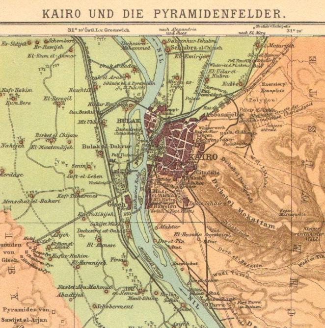 1904 Original Antique Dated Map of Cairo and the Pyramids, Sakkara, Memphis, Egypt - CabinetOfTreasures