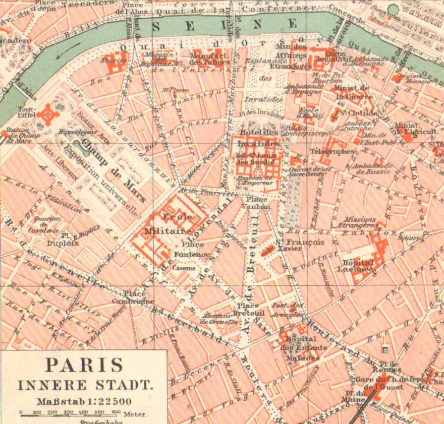 1896 Antique City Map of Paris, France, Étoile, Champs Elysées