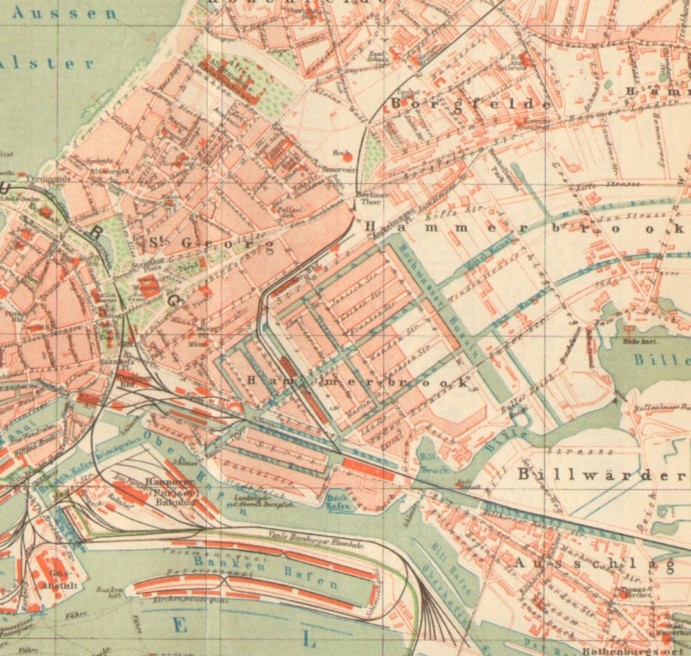 1895 Original Antique City Map of Altona and the German City State of Hamburg