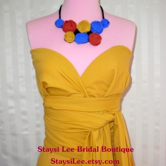 Gold Bridesmaids Convertible Wrap Twist Knee Length Dress...Bridesmaids, Wedding, Honeymoon, Beach, Cocktail Party, Prom