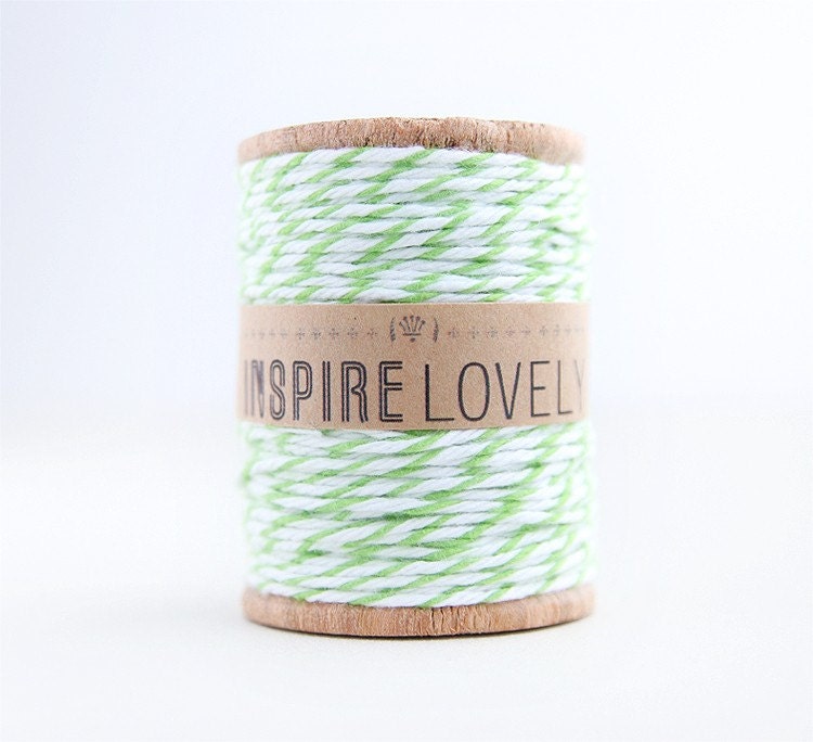 25 yards Sweet Pea Green and white Bakers Twine hand wound on a wooden spool