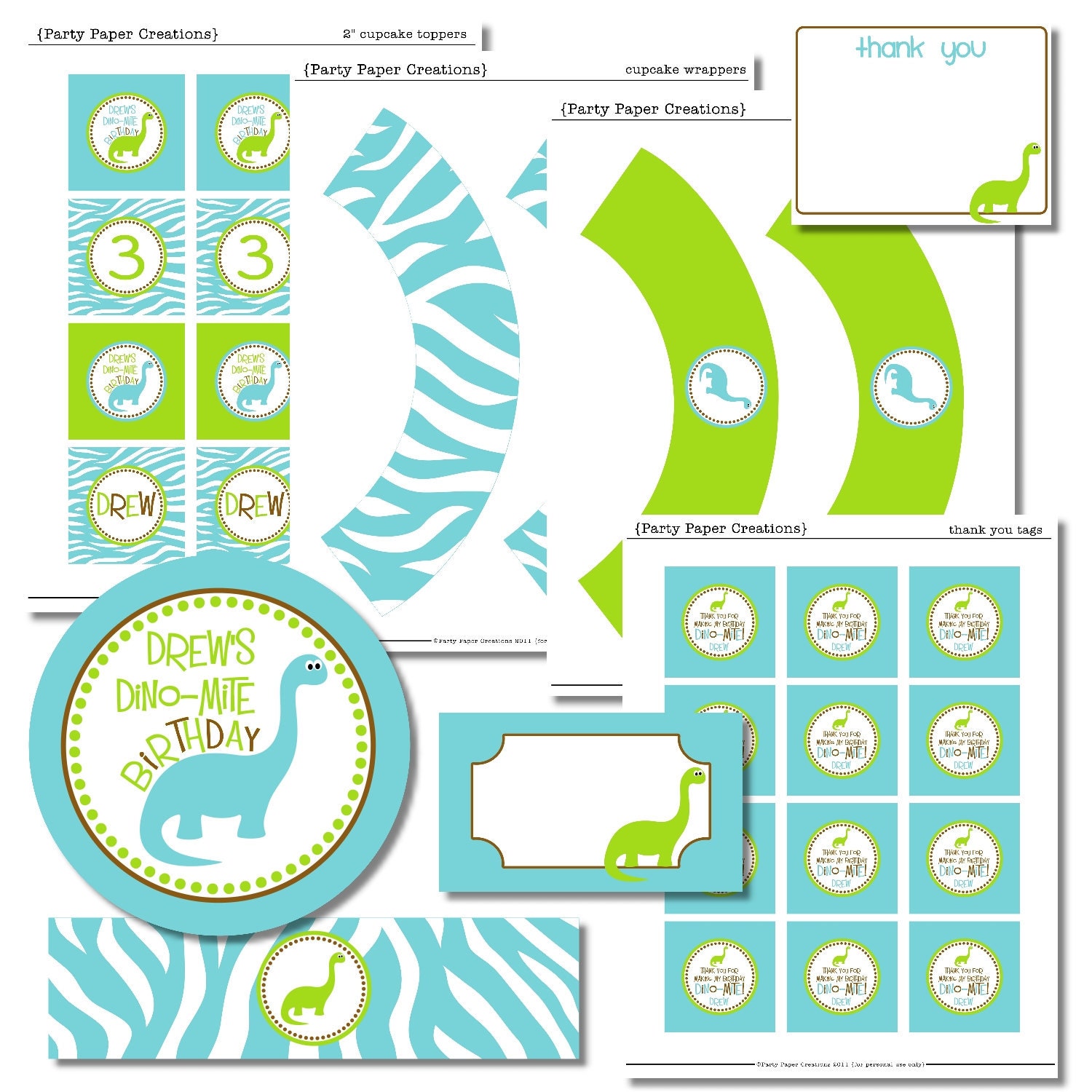 Dinosaur Party - Personalized Lime and Turquoise Zebra Print Dinosaur Printable Tablescape Birthday Party Decor Il_570xn