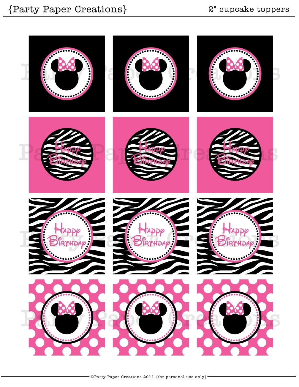 Minnie Mouse Birthday Cupcake Toppers, Hot Pink Zebra Print Printable Birthday Party Decor INSTANT DOWNLOAD Il_570xn