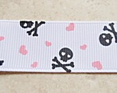 Rockabilly Black skull & crossbones with pink hearts 7/8" grosgrain ribbon Il_170x135
