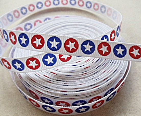 Red & blue Stars in dots on white 3/8 inch grosgrain ribbon-4th of July Il_170x135
