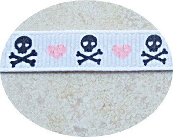Rockabilly Black skull & crossbones with pink hearts 3/8" grosgrain ribbon Il_570xn