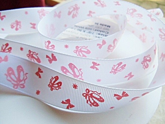 Tiny Dancer Pink Ballerina shoes with bows on white 7/8 inch grosgrain ribbon Il_570xn
