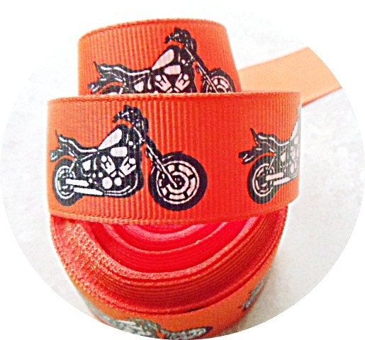 Motorcycle/chopper/bike/sled on Bright Orange 7/8 inch grosgrain ribbon Il_570xn