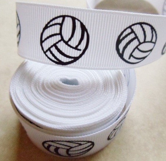 Spike Black and White Volleyballs on white 7/8" grosgrain ribbon Il_570xn