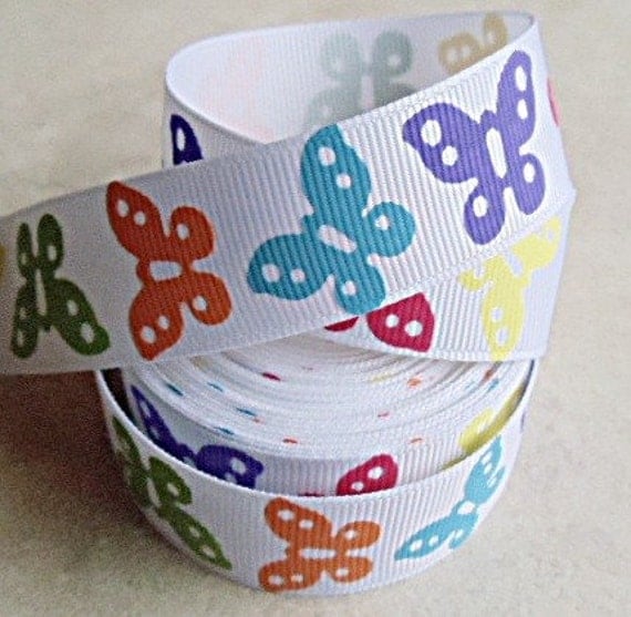 multicolored butterflies on white 7/8" grosgrain ribbon Il_570xn