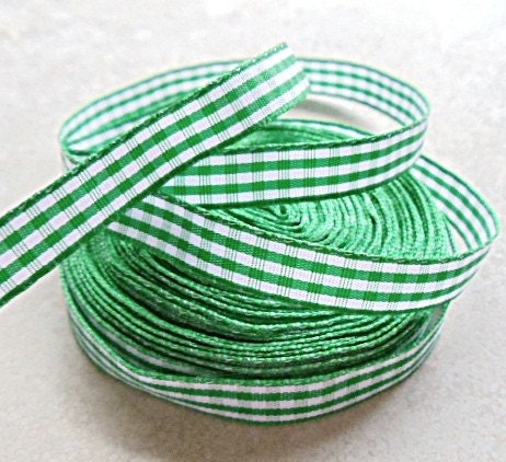 Emerald green and White checked gingham 3/8" grosgrain ribbon Il_570xn