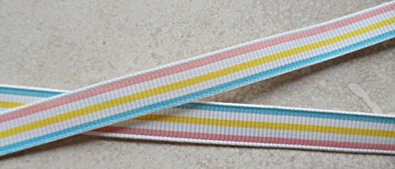 White 3/8" grosgrain ribbon with pastel pink, yellow and blue stripes-Easter Il_570xn