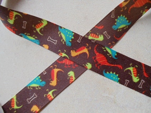 Multi colored prehistoric dinosaurs on brown 7/8 inch grosgrain ribbon Il_570xn