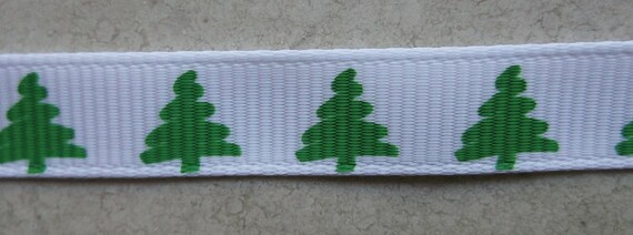Green Christmas trees on white 3/8" grosgrain ribbon Christmas Il_570xn
