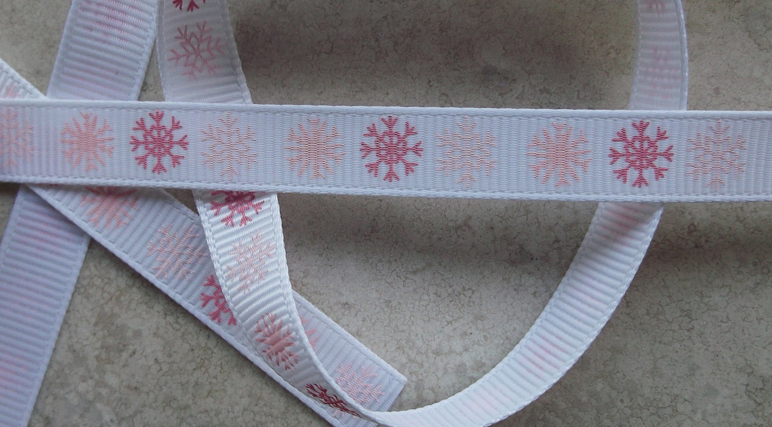 SALE-Pretty Pink & light pink Snowflakes on white 3/8" grosgrain ribbon Christmas-SALE Il_570xn