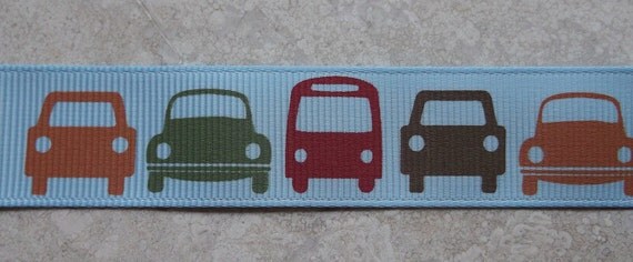 Red, green, orange & brown cars on light blue 7/8" grosgrain ribbon Il_570xn