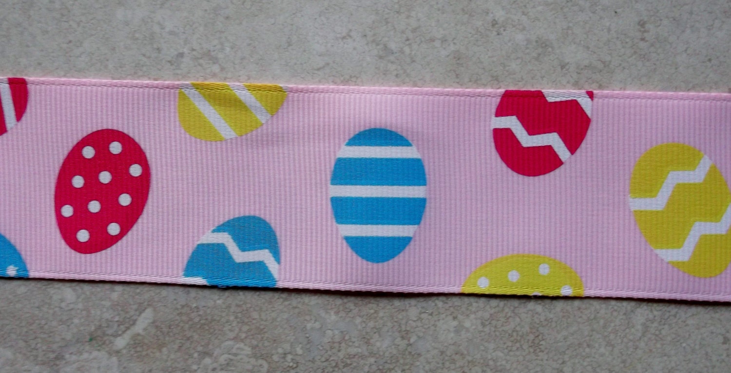 Bright Easter Eggs on pink 1 1/2" grosgrain ribbon- Easter Il_570xn
