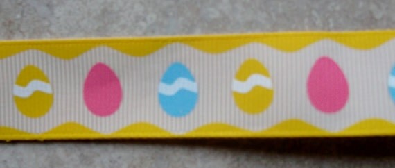Bright Easter Eggs cream on yellow 7/8" grosgrain ribbon- Easter sale Il_570xn