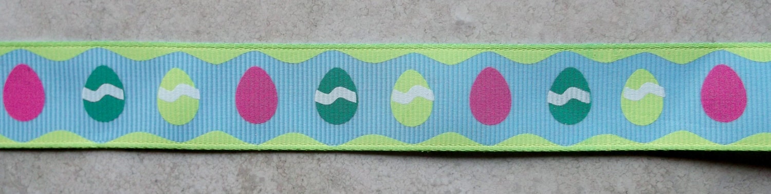 Bright Easter Eggs yellow on blue 7/8" grosgrain ribbon Easter sale Il_570xn