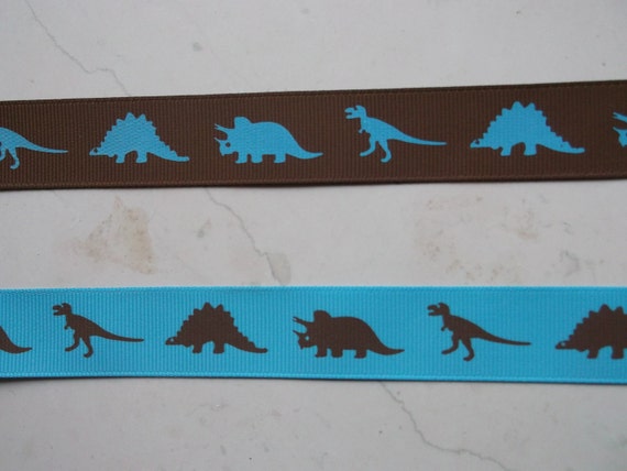 Brown Dinosaurs Silhouettes on turquoise & turquoise dinos on brown 7/8 inch grosgrain ribbon- combo set Il_570xn