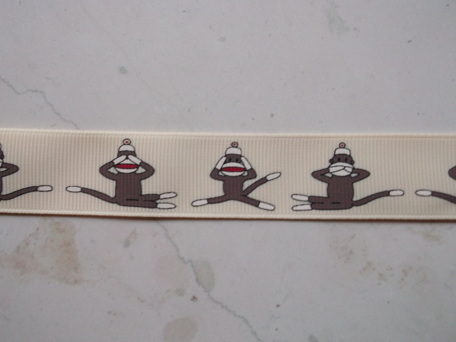 Hear no Evil sock monkey on butter 7/8 inch grosgrain ribbon Il_570xn