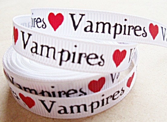 heart vampires on white 3/8" grosgrain ribbon