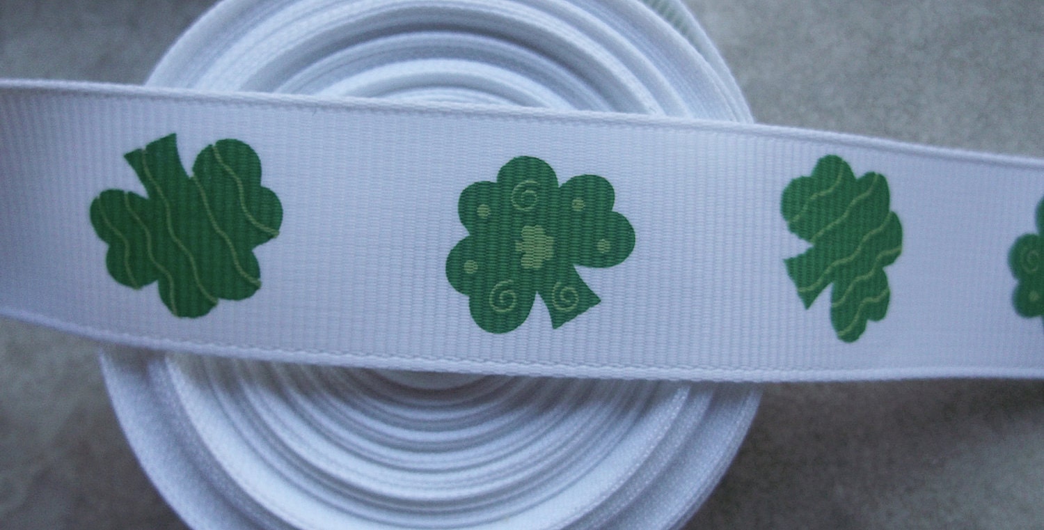 Funky Green shamrocks on white 7/8" grosgrain ribbon- St Patricks day