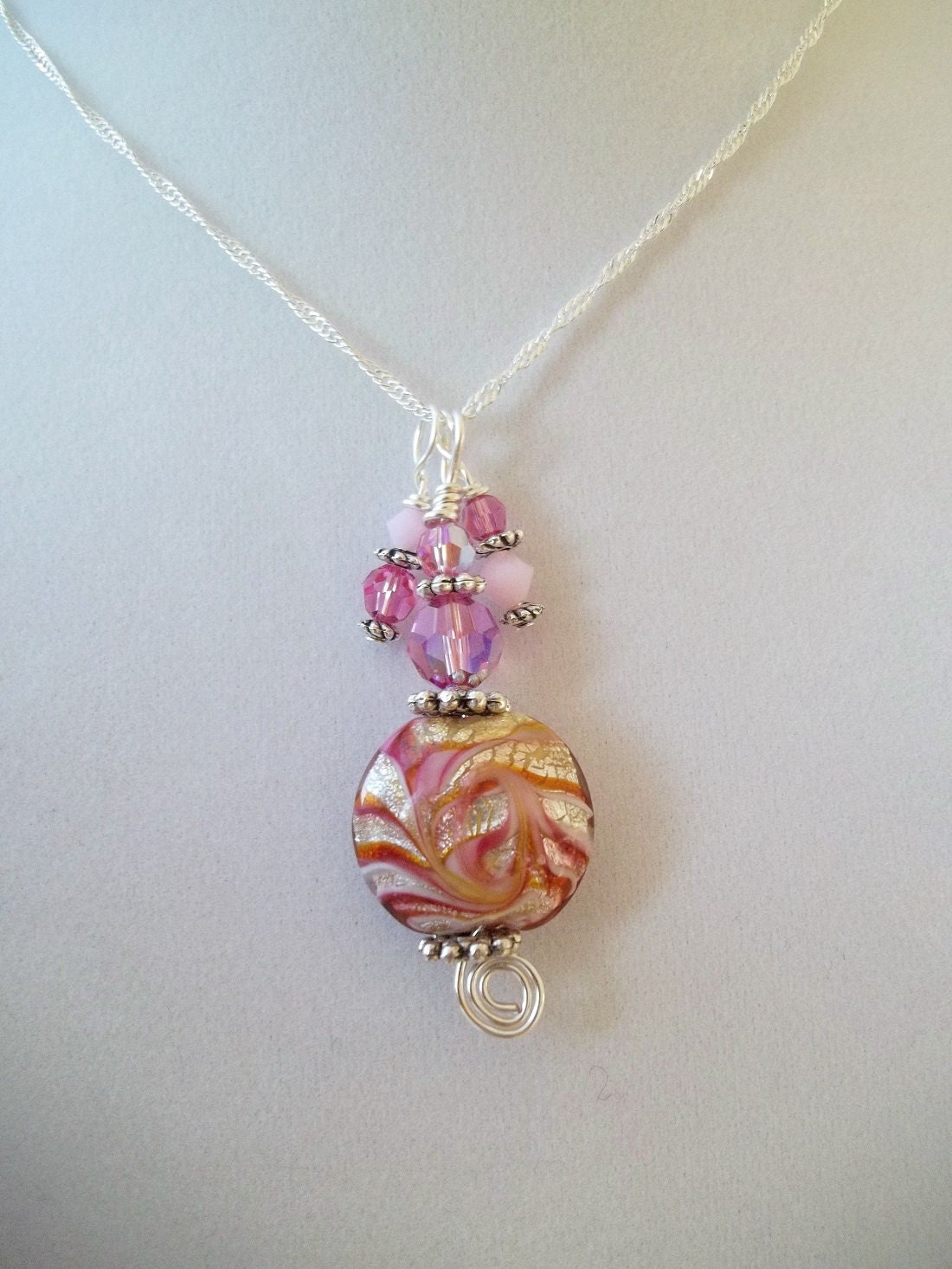 Pink Lampwork Pendant Sterling Silver Necklace, Pink Fuchsia Gold Glitter Lampwork Pendant, Swarovski Rose Crystal,Charm Necklace