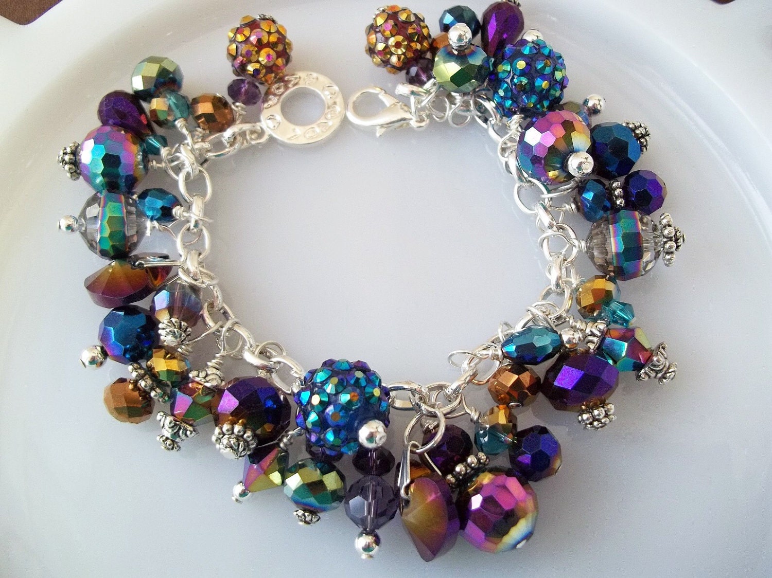 Metallic Rainbow Charm Bracelet, Peacock Blue Gold Rhinestone Balls,Teal Purple Blue Crystal,Wire Wrapped,Beaded Charm Bracelet