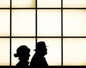 London street photography, cinematic film noir art photo, silhouette couple in hats time travel artwork. 8x10 fine art photograph. UK seller