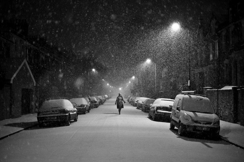 London photography, snowy black and white Hackney winter street scene with lonely female figure. 8x10 fine art photo print. UK seller