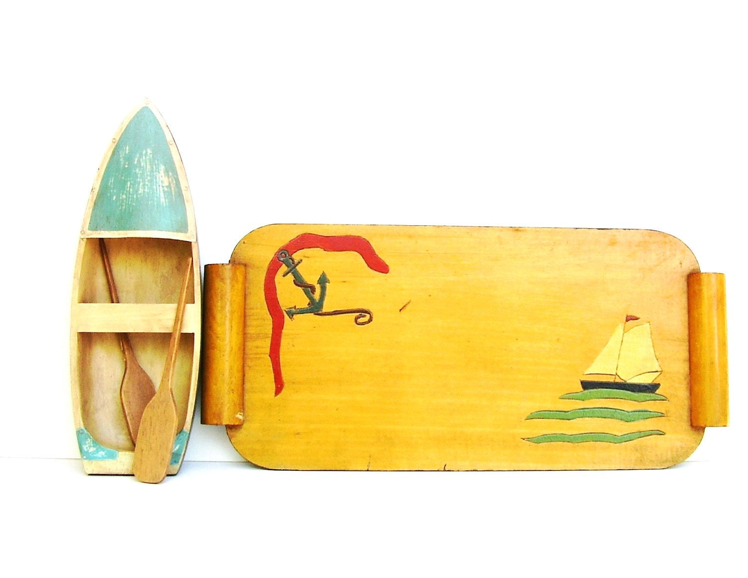 Vintage Wooden Tray Nautical Decor Mid century Anchor Sailboat