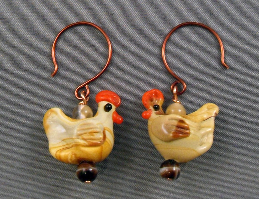 Swirly Glass Chicken Earrings on Handmade French Hoops