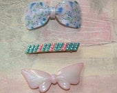 Vintage Barrettes Three - Blue Floral Bow, Turquoise Pink Faux Pearls, Pink Bow - LookHiLookLow