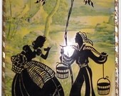 Vintage Picture - Silhouette Reverse Painting in Original Striped Metal Frame with Convex Glass-Small Crack