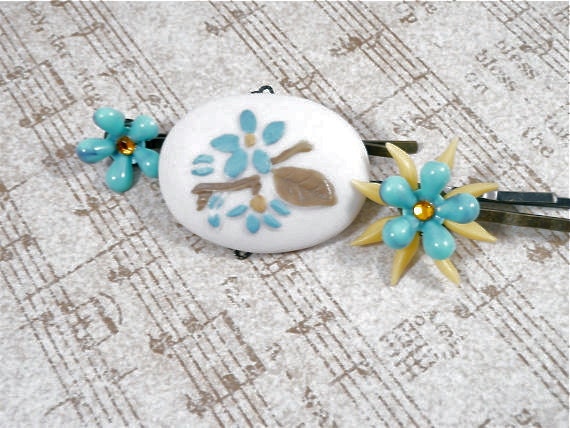 Bluebell Bobby Pin Set - Rose Bleu - Unique Cottage Aqua Blue Vintage Porcelain Brooch Hair Bobby Pin Collection