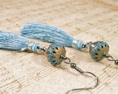 Dusty Blue Enamel Earrings - La Patine Du Temps - Vintage Tassel Bridal Shabby Chic