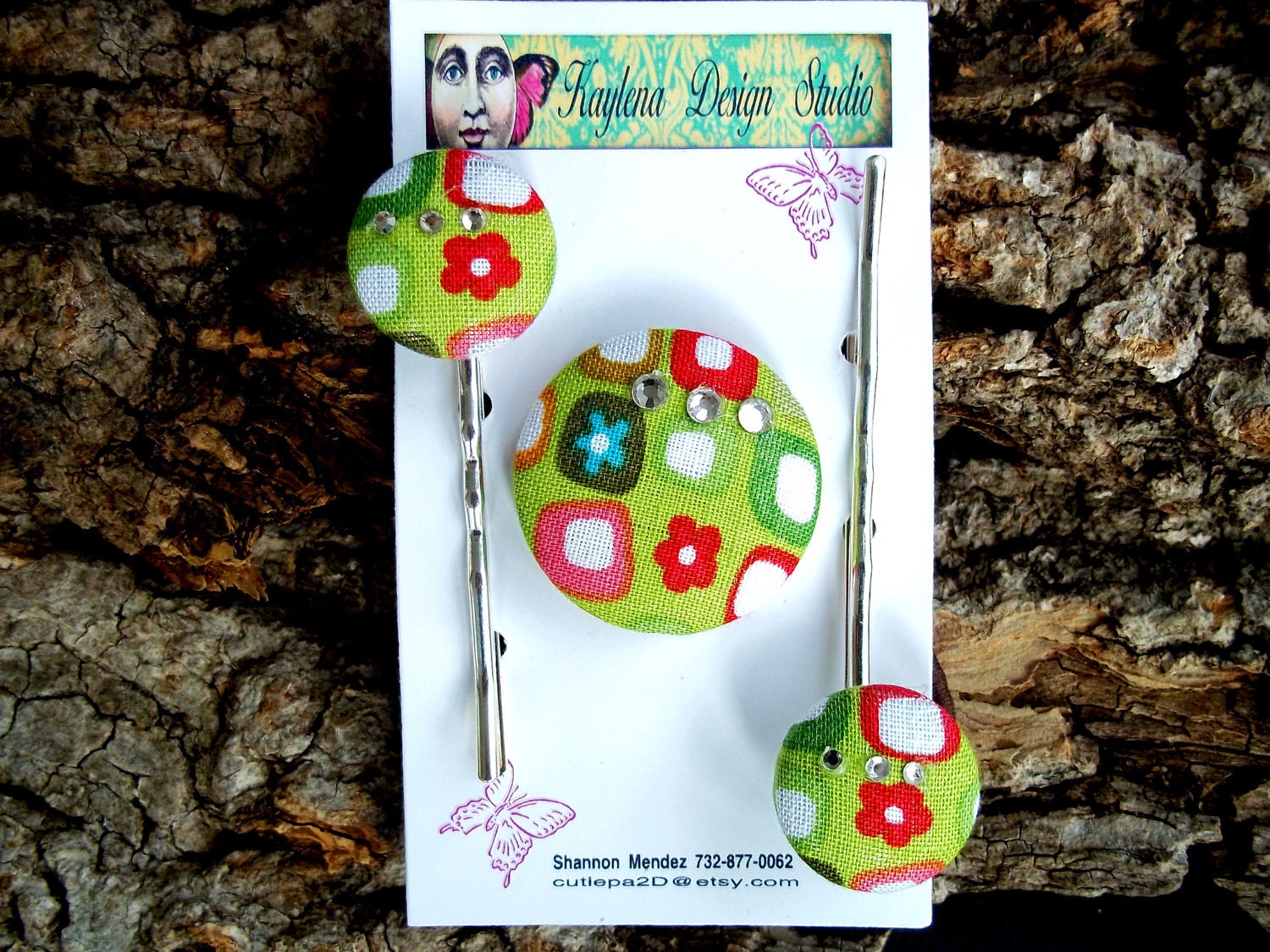 set of 3- Fabric Covered Buttons-Bobby Pin-Ponytail Holder-Hair clip
