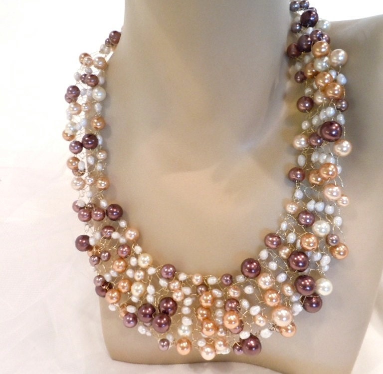 Knitted Pearl Necklace in Wonderful Golden, Cream and Brown Glass Pearls and Whte Freshwater Pearls